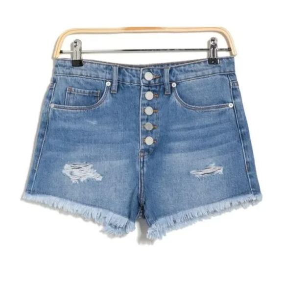 BLANKNYC Barrow Vintage High Rise Distressed Button Fly Fray Hem Denim Shorts 24 - Picture 3 of 5